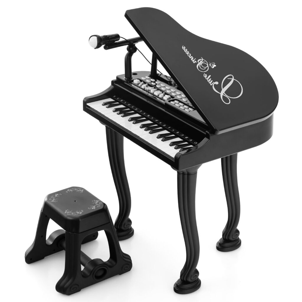 KOMFOTTEU Piano Infantil Rosa: Diversión Musical con Micrófono y Banquito